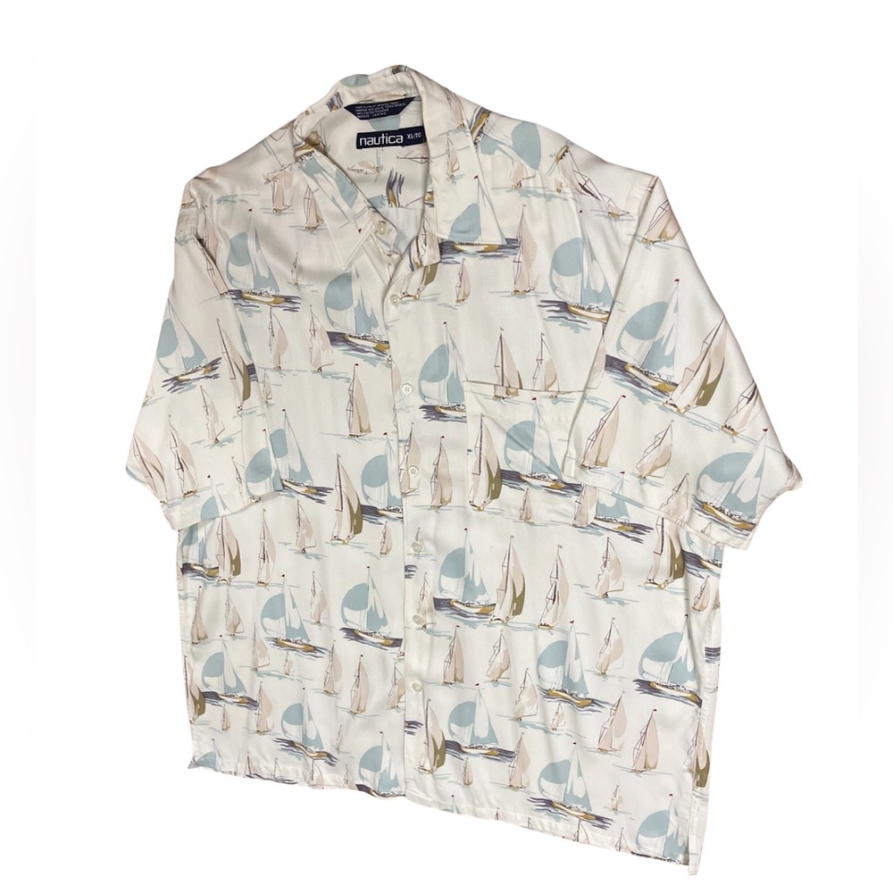 Vintage Nautica Men’s Sailboat Print Button Down SS Shirt XL Made in USA